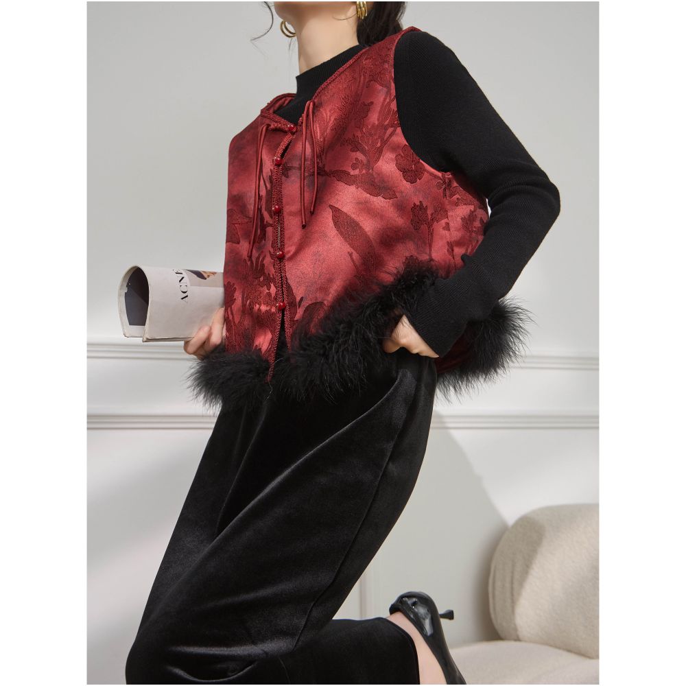 PlumJan red Chinese style distinguished vest 2025 new Chinese style wedding toast vest for women commuting style shiny silk vest for women round neck single breasted vest image 5