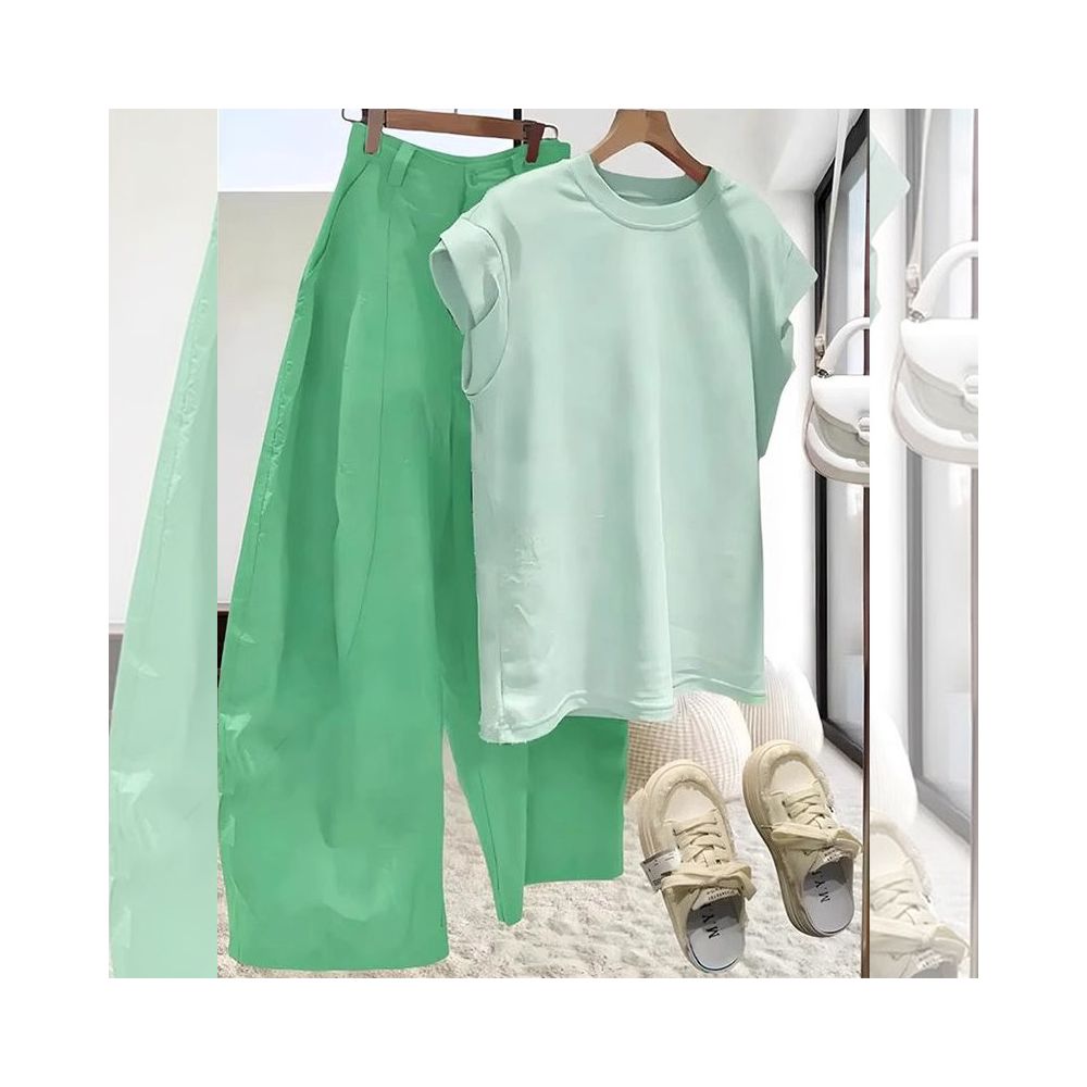 2025 Super Hot May Day Age Reduction Summer Dopamine Dressing Set with Green Short Sleeve T shirt and Haren Pants Two Piece Set image 5