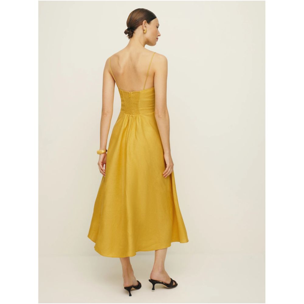 Inhee Homemade Elegant Classic Sunshine Sunflower Flat Mouth Thin Shoulder Strap Waist Large Skirt Linen Dress image 5