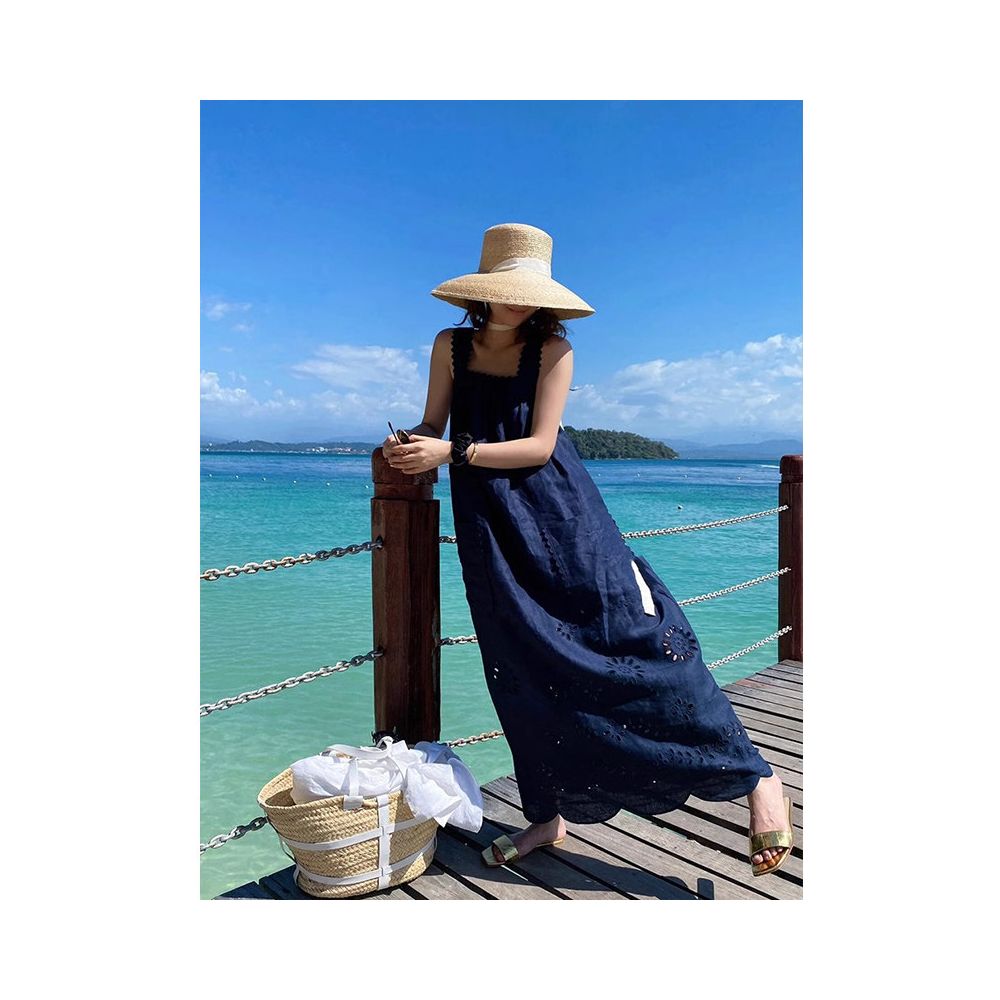 X Rose beach vacation style navy blue embroidered dress new high end sense niche loose long skirt for children image 5
