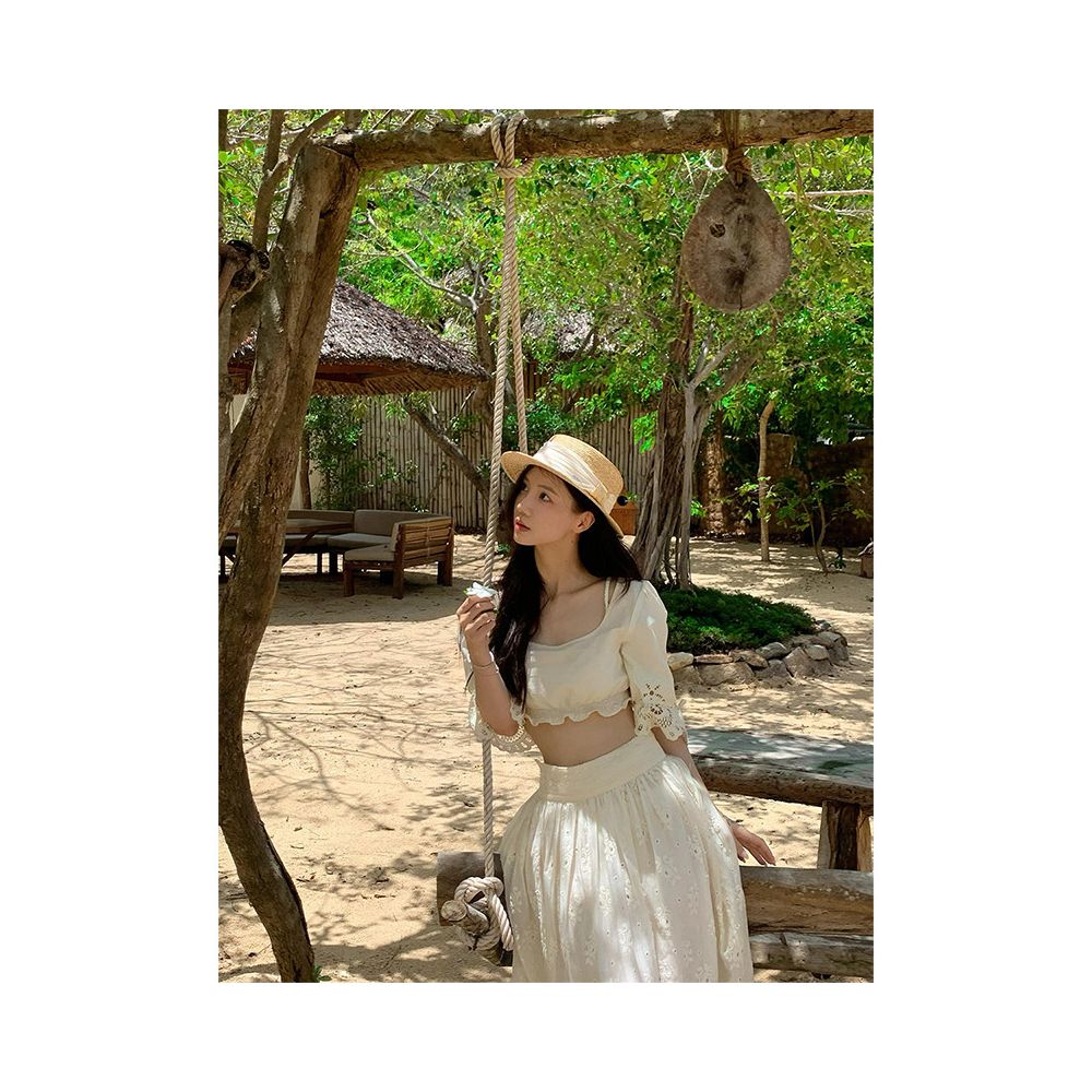 Chinese style silk embroidered half skirt Deplumer misty moon white 25 summer new product cotton mulberry silk embroidered floral lace skirt image 5