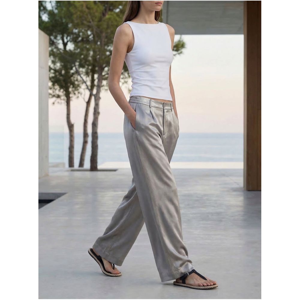 COMMON VALUE 100 Satin Acetate Trousers High Quality Glossy Natural Texture Wide Leg Trousers image 4