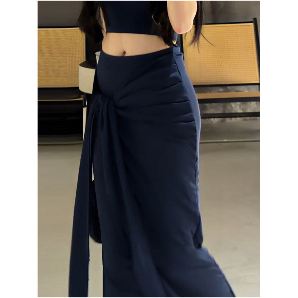 2025 Autumn New Slimming Tie Waist Design Midi Skirt for Women French Style Versatile Fashionable and Elegant Bodycon Long Skirt image 5