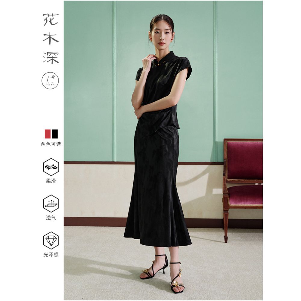 Huamu Shen 6A grade mulberry silk top new short sleeved red modified Tang suit style with Chinese stand up collar Chinese style image 4