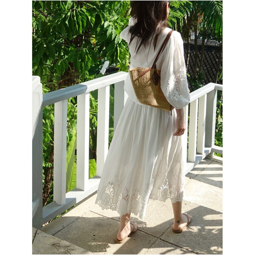 Krocchi French Embroidery Hollow Out Tie Up Top for Women Spring Summer 2025 Oversized Skin Friendly Puff Sleeve Collarless Shirt image 5