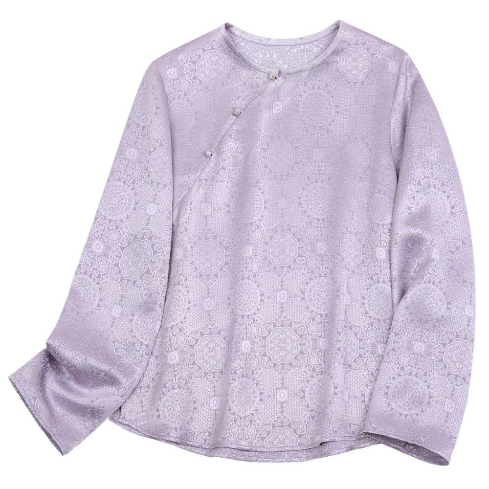 Phietang New Chinese Retro Improved Shirt Chinese Style Acetate Jacquard Satin Slanted Collar Round Collar Jacket Women s Hoodie image 5