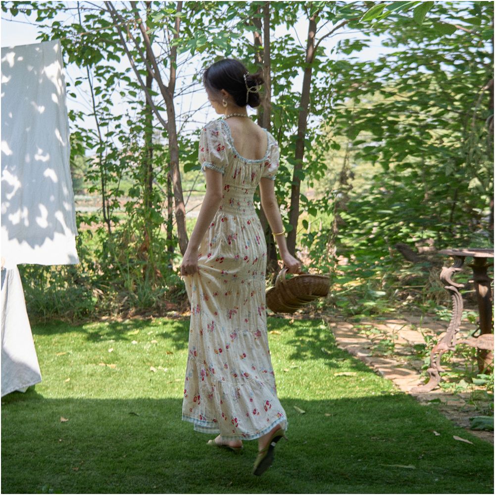 Texture Si Custom American Retro V Neck Elastic Waist Slimming Full Skirt Floral Dress image 5