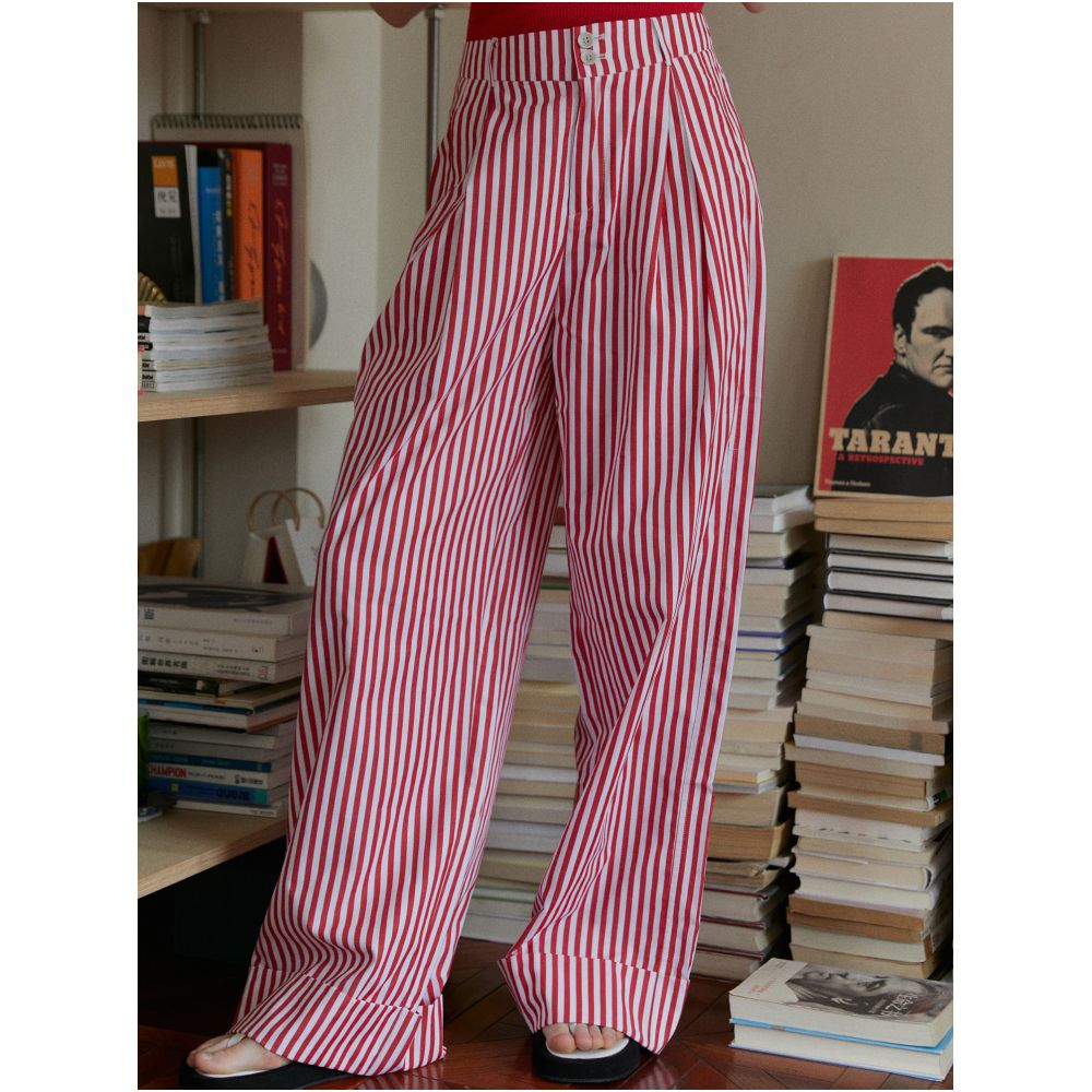 Clean Sense French Intellectual Red Striped Elastic High Waisted Wide Leg Straight Leg Rolled Up Casual Trousers image 4
