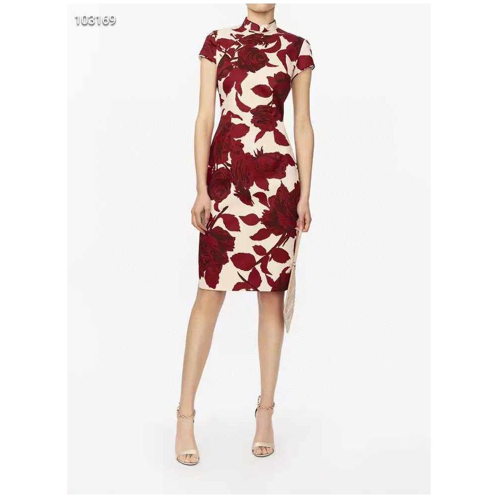 2021 New Shanghai Tang Retro Cheongsam with Rose Floral Stretch Cotton Chinese Style Stand Collar Chinese Style Button Side Slit image 4
