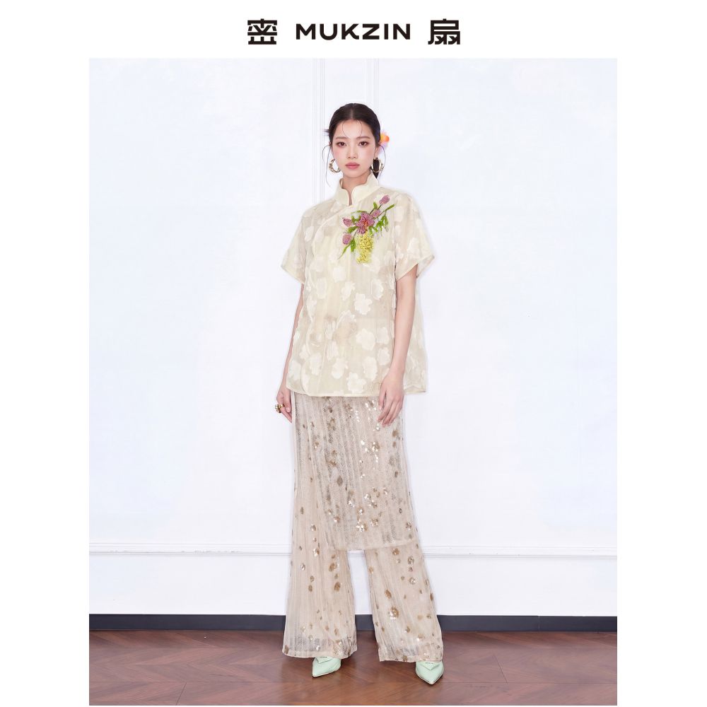 Mishan 2026 Summer New Arrival A Fleeting Half Day New Chinese Style Heavy Embroidery V Neck Elegant Yellow Shirt image 3