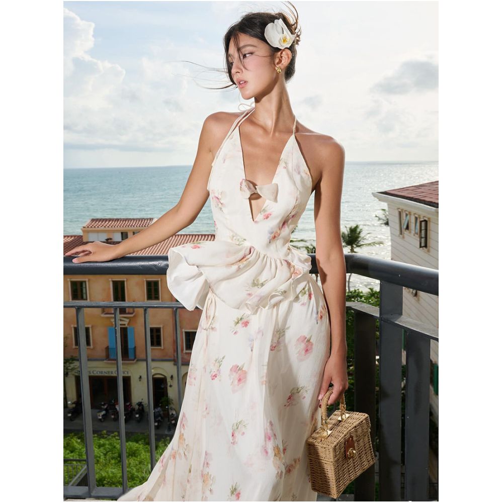 Sisjuly French style fresh and beautiful floral bow hollowed out camisole and ruffled maxi skirt set for women image 4