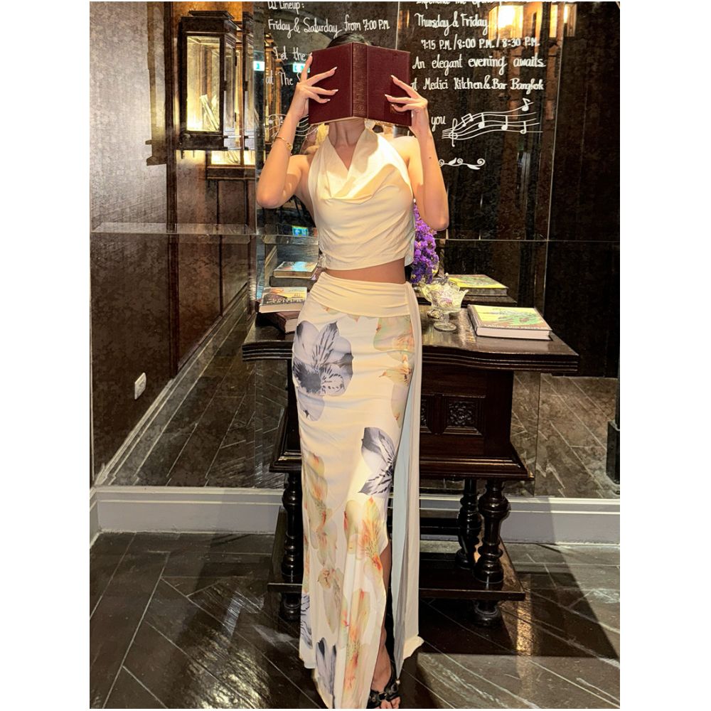 Sisjuly Chic girl style apricot collar vest with floral print and slit skirt set for women image 4