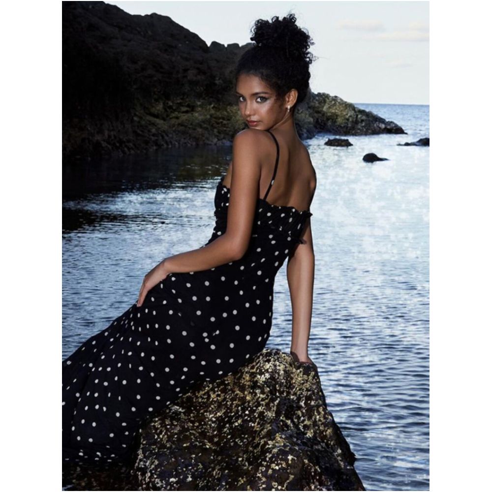 Sisjuly French style elegant polka dot slip dress with a flowing ribbon and a slight A line silhouette image 4