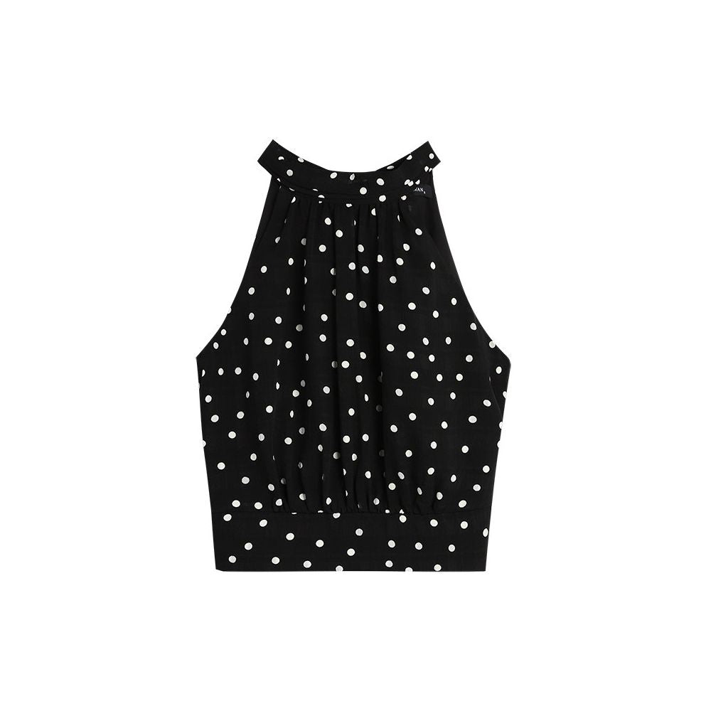 French style white polka dot top chiffon halter neck short women s top elegant style top with black dots on an apricot background image 5