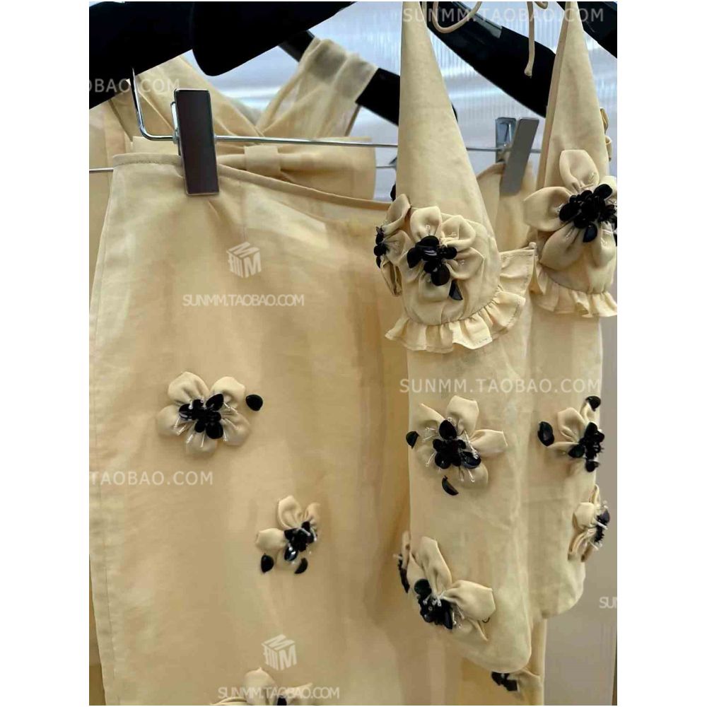 Boutique Spring Summer 2024 New Arrivals High end Niche Trendy Soft Yellow 3D Floral Backless Camisole and Skirt image 4