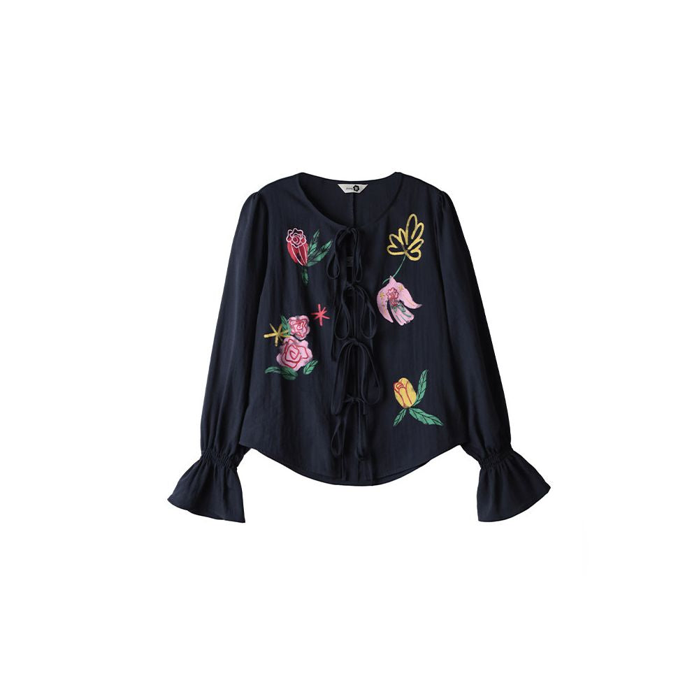 Uare original design Birds and Roses Linen Blend Ink Wash Print Long Sleeve Shirt with Tie image 5