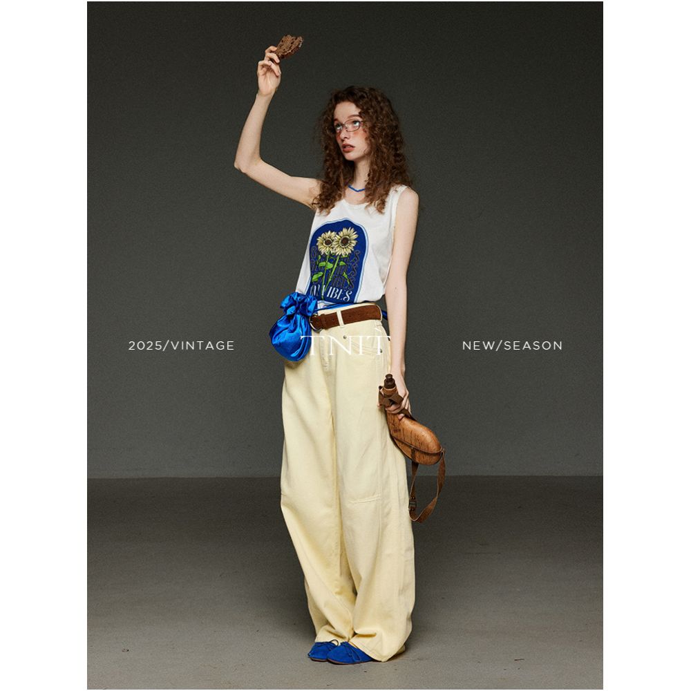 TNIT Lace Collar Sunflower Print Vest for Women Summer Design Unique Style Sleeveless T Shirt Top image 4