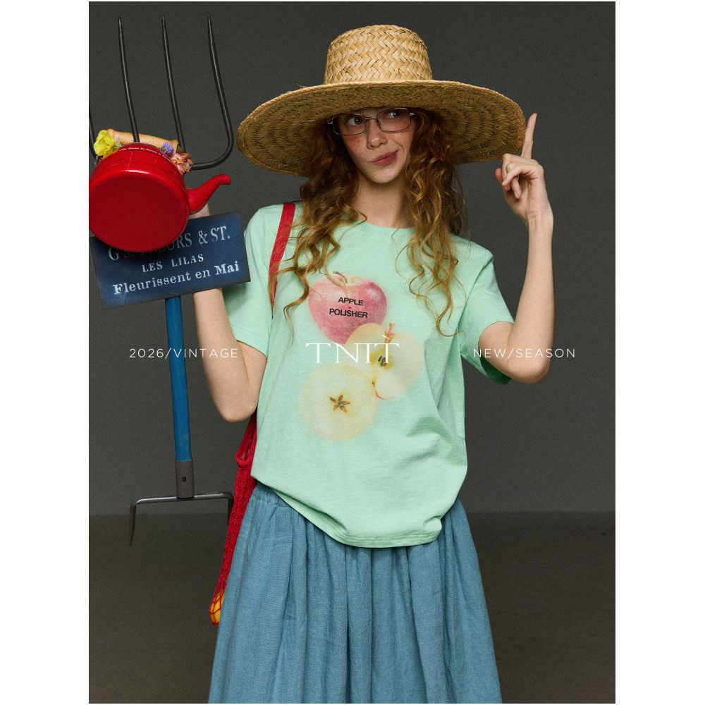 TNIT Retro Distressed Apple Print Crew Neck Short Sleeve T Shirt for Women Summer Loose Fit Slimming Casual and Versatile Top image 2