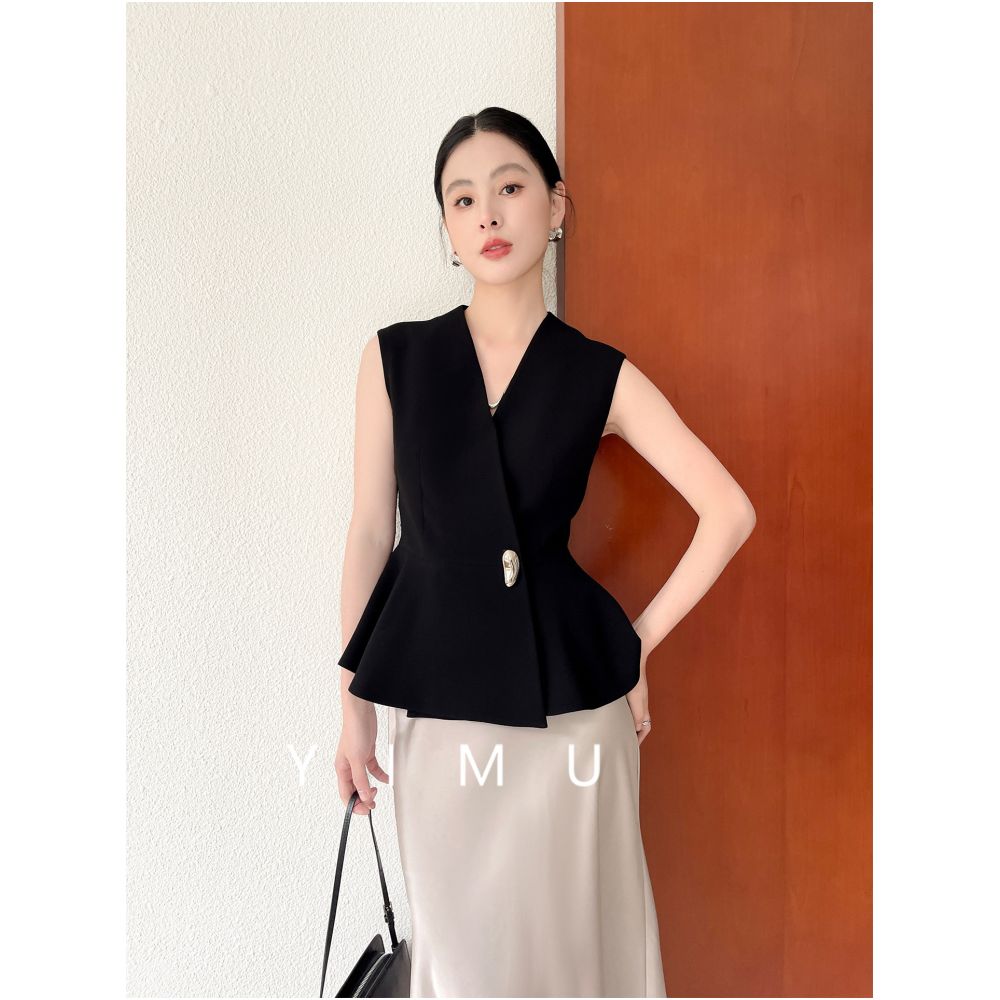 YIMU Black Acetate Vest 2026 New Style V neck High end Fit Slim Fit Elegant Ruffle Top Summer image 2