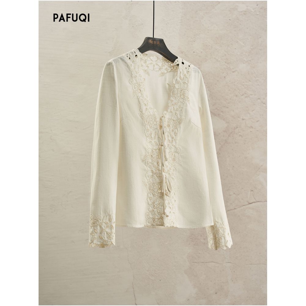 Southern France Retro Hollow out V neck Relaxed Long sleeved Top and Drawstring Shorts Two Piece Set 2026 New Spring Summer Style image 2