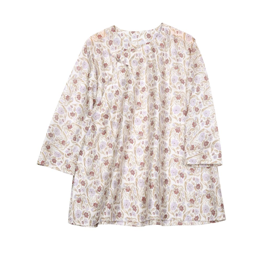 Fei Yi Tang Summer New Combed Silk Linen Shirt Women s Chinese Retro Style Round Neck Printed Three Quarter Sleeve Round Neck Women s Top image 4