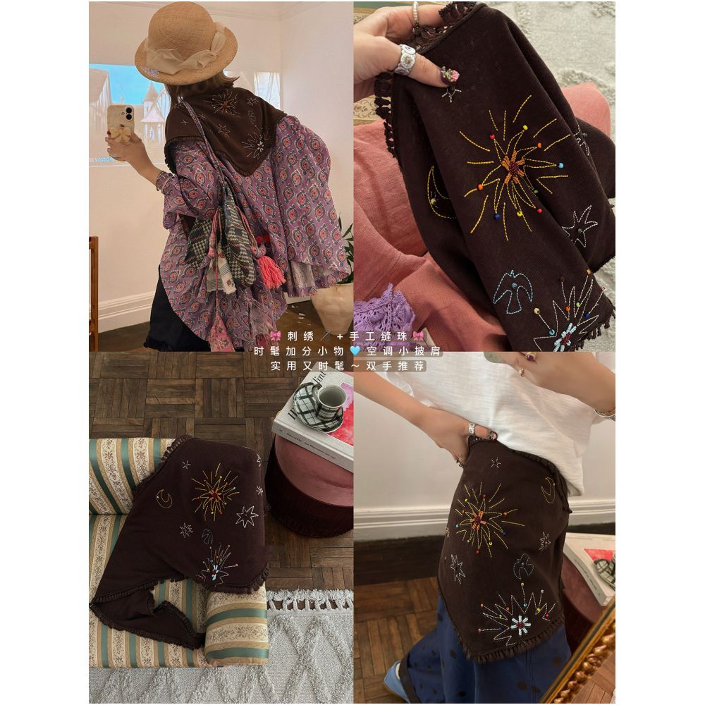 Jeans with a silk scarf belt high end embroidered details layered over a shawl triangular scarf and a waist belt image 2