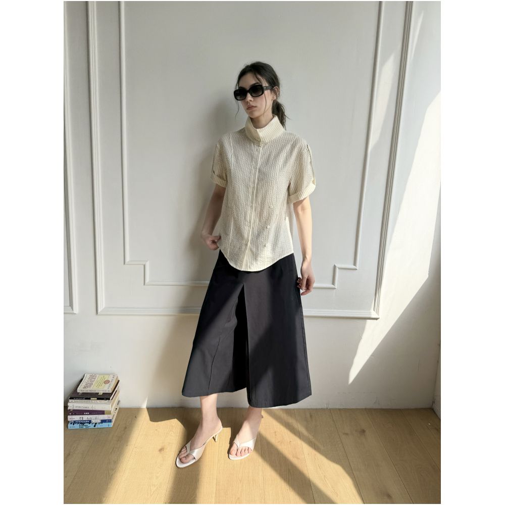 RREIKO Linen Blend Mid Waist Pleated Wide Leg A Line Studded Cropped Mini Skirt image 4