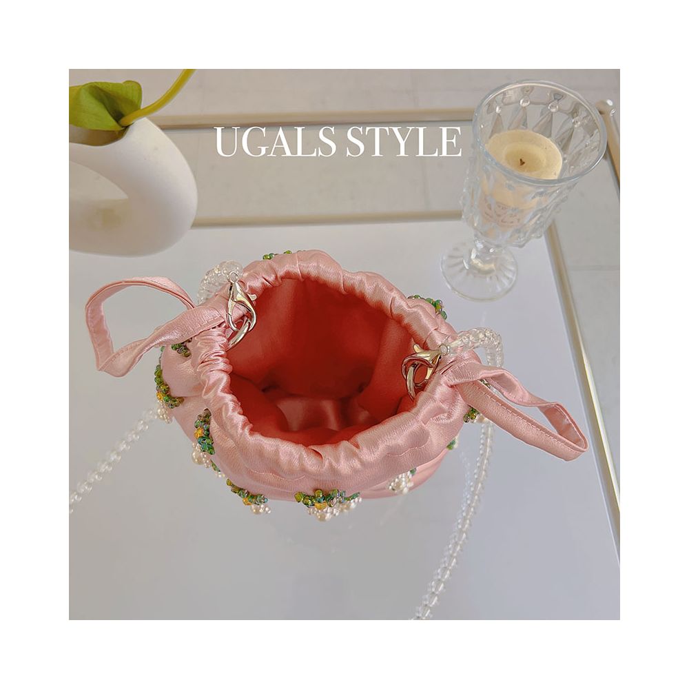 UGALS New Chinese Style Pink Floral Evening Dress Silk Hand woven Beaded Tassel Bucket Bag Underarm Crossbody Bag image 4
