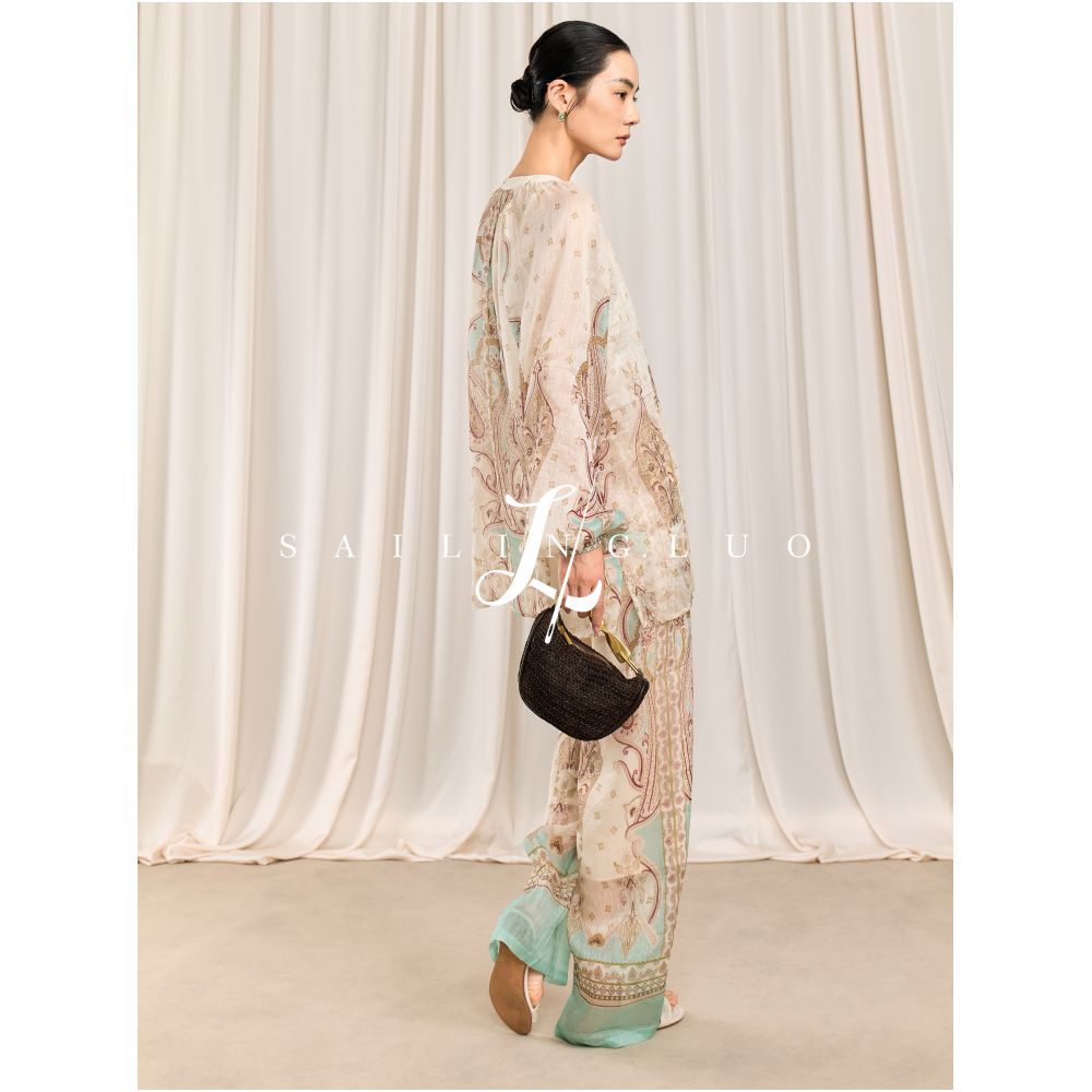 SAILING LUO 2026 New Linen Silk Printed Tie Waist Loose Fit Shirt and Trousers Set image 2