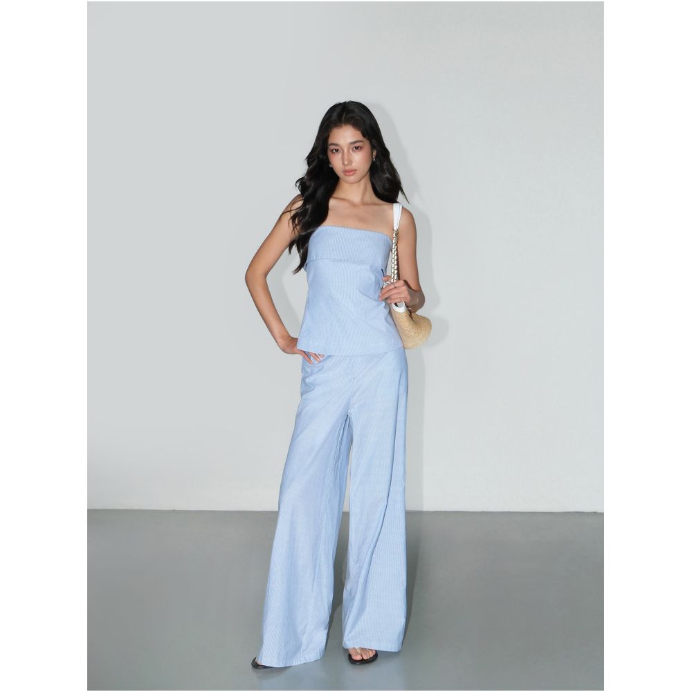 NEVA HU Stylish and Sheer Off Shoulder Strapless Top Vest Women s Straight Leg Striped Casual Pants Set image 2