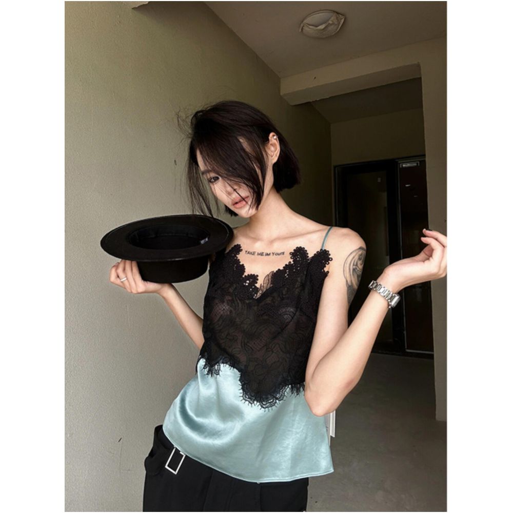Turn up Chen Tui er Sexy and Hot Girl Patchwork Lace Satin Camisole Tank Top Women s Summer Design Top INS image 2