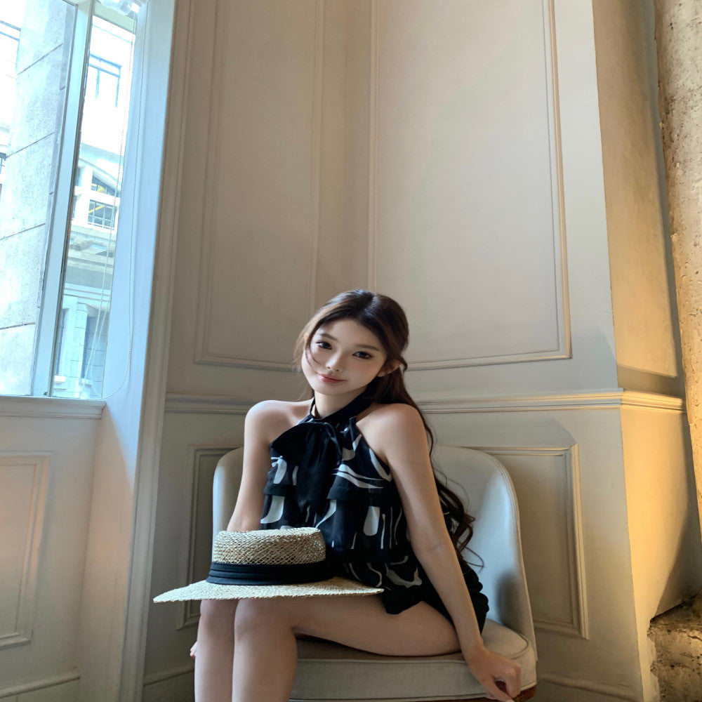CHICYOU Black Bow Cake Chiffon Summer Sleeveless Hanging Neck Off Shoulder Little Fragrance Girl Retro Top image 0