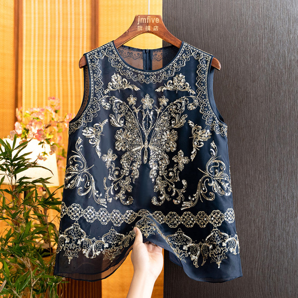 New Chinese style mulberry silk heavy industry sequined butterfly vest 2025 summer new product silk western style fashion shoulder image 23