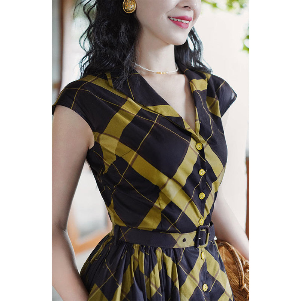 ASAYA4629 โ Retro Elegance Plaid Dress ๐๐ค
