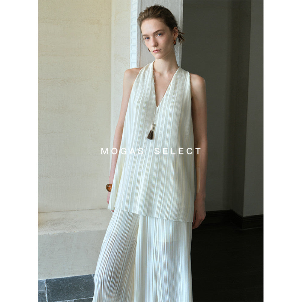 Mogas Dynamic Goddess Heavy Industry Miyake Style Shell Gloss Hundred Fold Twisted Sleeveless Top Wide Leg Pants Women s Summer image 35