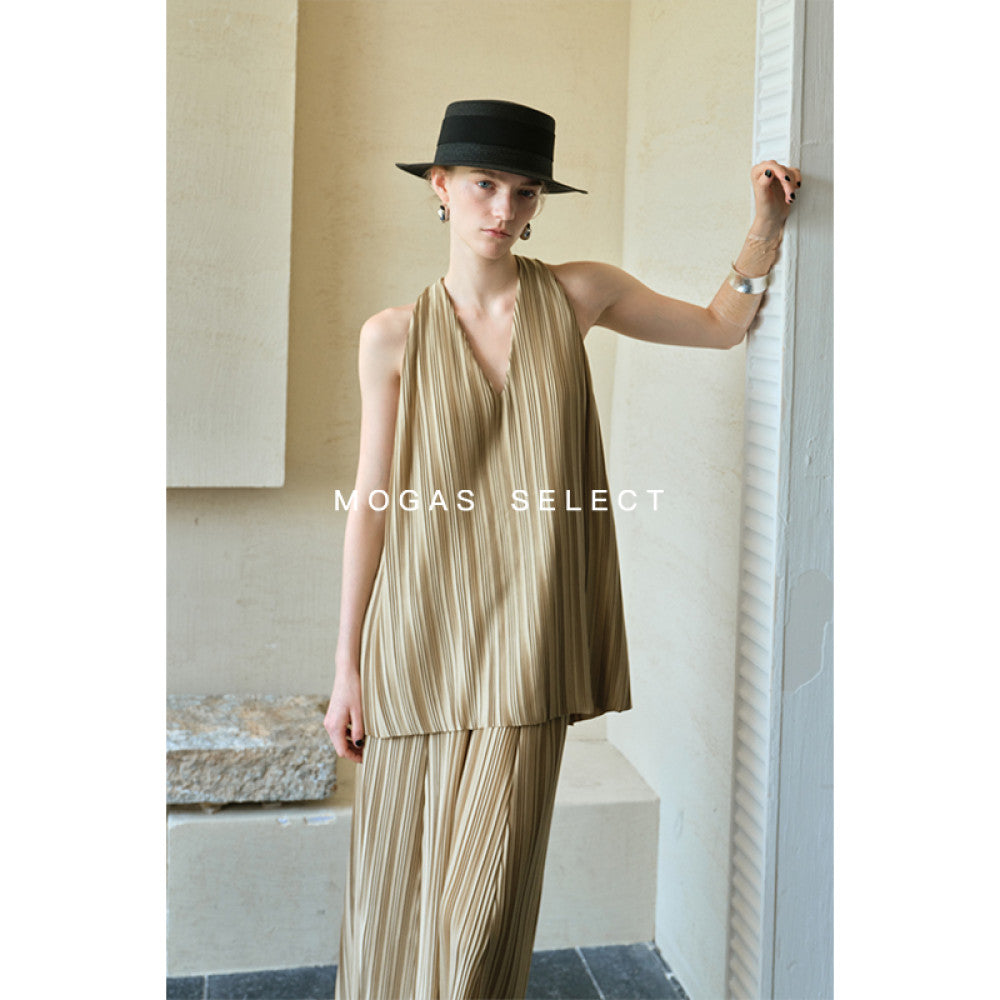 Mogas Dynamic Goddess Heavy Industry Miyake Style Shell Gloss Hundred Fold Twisted Sleeveless Top Wide Leg Pants Women s Summer image 40