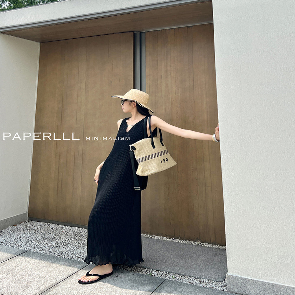 PAPERLLL Xinjian agile and lightweight French vacation style pleated sleeveless dress for women s summer loose A line skirt image 12