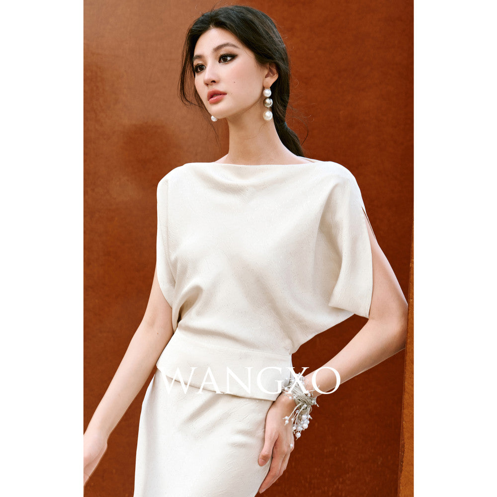 WANGXO Starry Silver Scratched Double sided Satin Quiet Luxury Style One Piece Neck Topu0026Slanted Fish Tail Skirt Set image 19