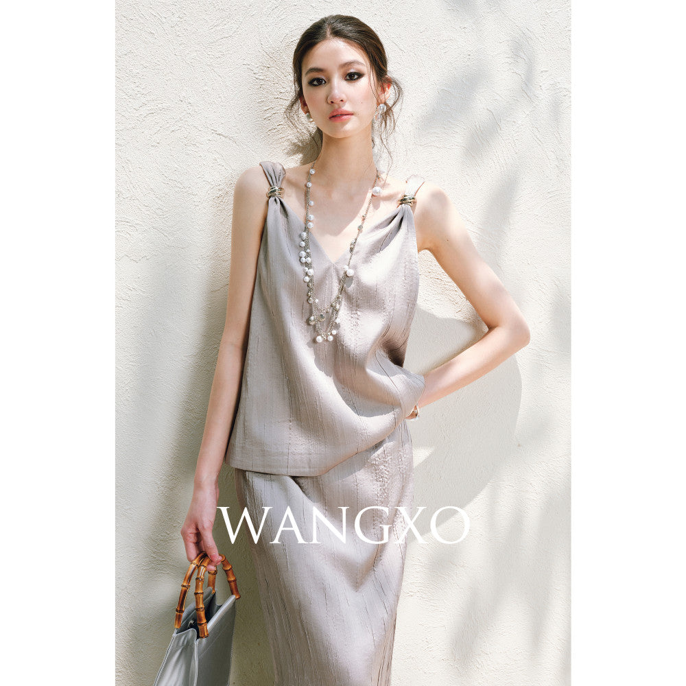 WANGXO High Ding Heavy Industry pleated satin Lazy and distinguished metal shoulder loop loose topu0026straight half skirt image 8