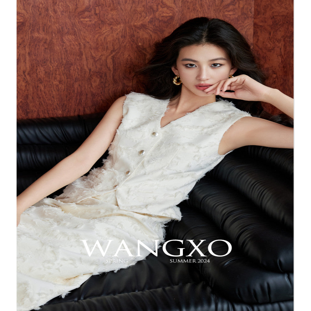 WANGXO Tassel brushed jacquard texture Reshaping Eastern aesthetics V neck vest high waisted half skirt set image 1