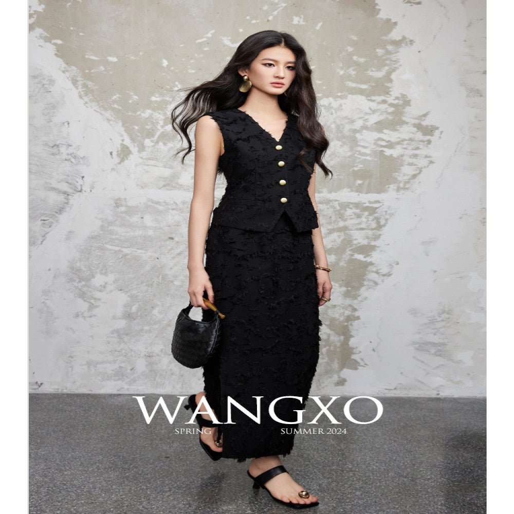 WANGXO Tassel brushed jacquard texture Reshaping Eastern aesthetics V neck vest high waisted half skirt set image 5
