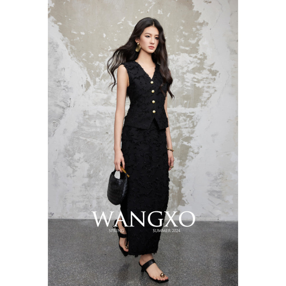 WANGXO Tassel brushed jacquard texture Reshaping Eastern aesthetics V neck vest high waisted half skirt set image 28