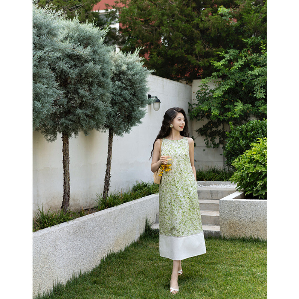 Ching s French retro contrasting one neck dress sleeveless cotton print patchwork hollow A line skirt summer image 10