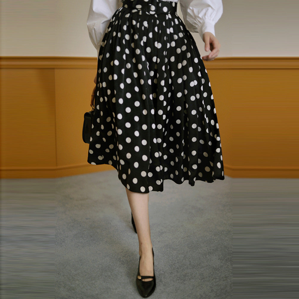 Ching s Hepburn style thick satin polka dot half skirt retro high waisted temperament pleated large swing skirt umbrella skirt summer image 6