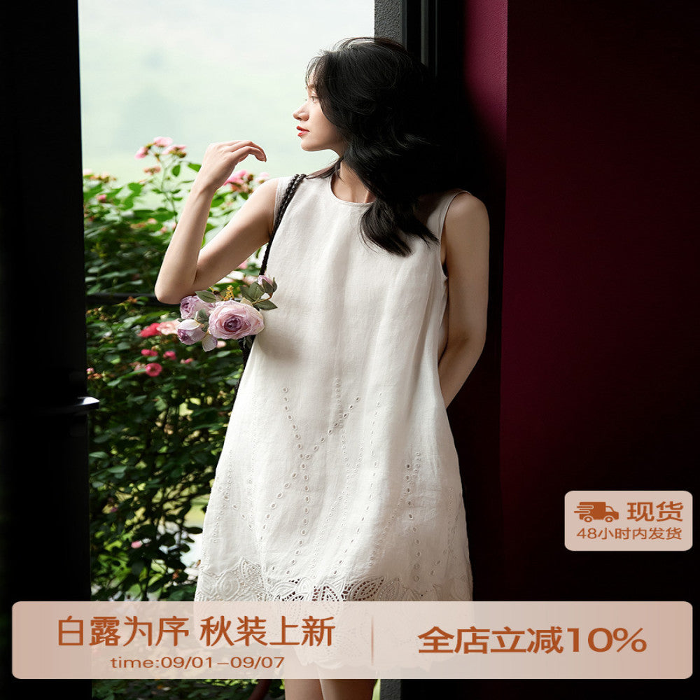 Fanfan s self made flash holiday heavy industry hollow embroidery linen straight tube A line vest looks slim sleeveless dress image 1