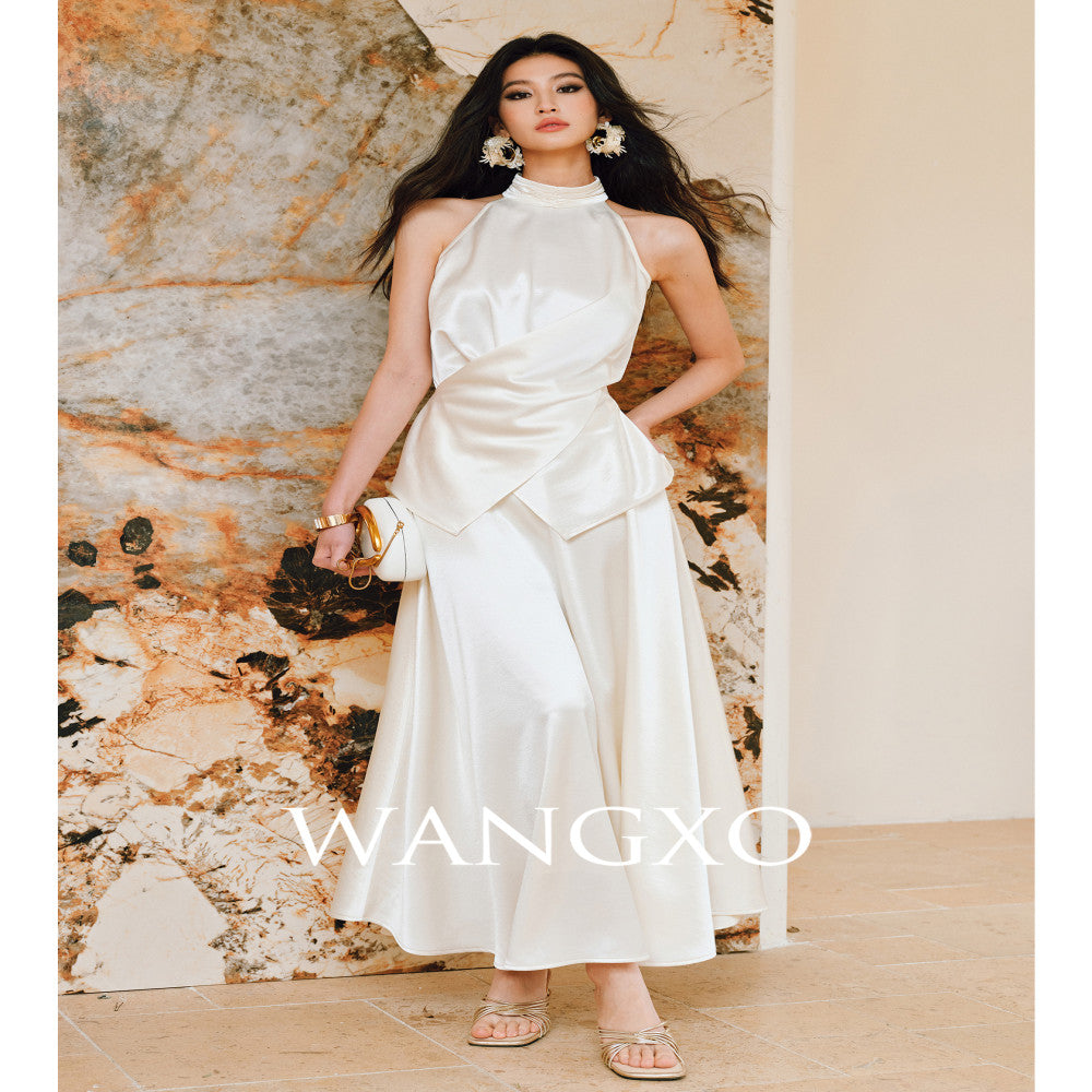 WANGXO Mao Linlin Same Style Pearl Shining Luxury Gilded Satin Hanging Neck and Waist Top Umbrella Skirt Set image 22