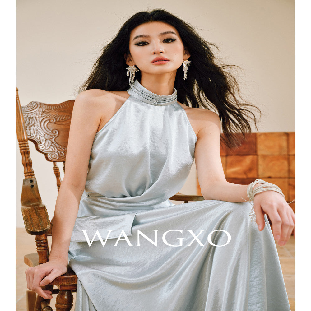 WANGXO Mao Linlin Same Style Pearl Shining Luxury Gilded Satin Hanging Neck and Waist Top Umbrella Skirt Set image 24