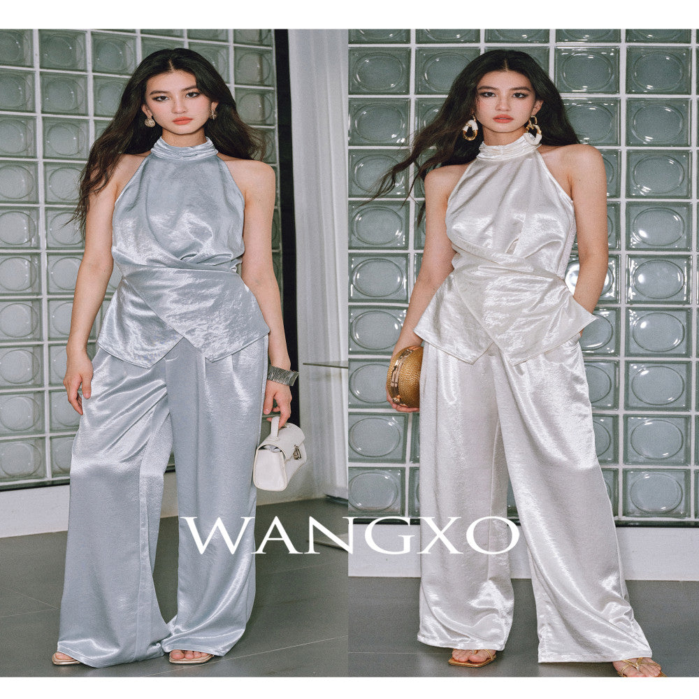 WANGXO Mao Linlin Same Style Pearl Shining Luxury Gilded Satin Hanging Neck and Waist Top Umbrella Skirt Set image 25