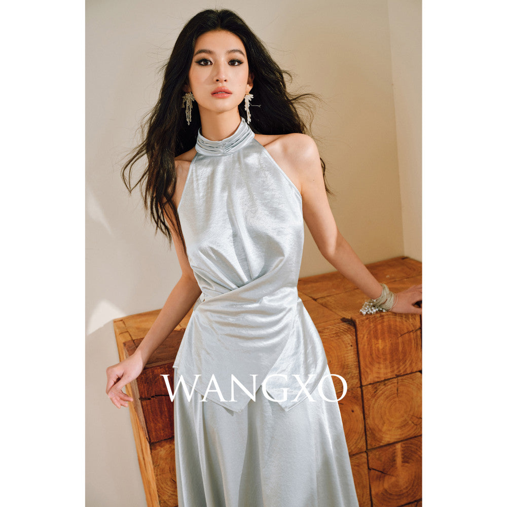 WANGXO Mao Linlin Same Style Pearl Shining Luxury Gilded Satin Hanging Neck and Waist Top Umbrella Skirt Set image 30