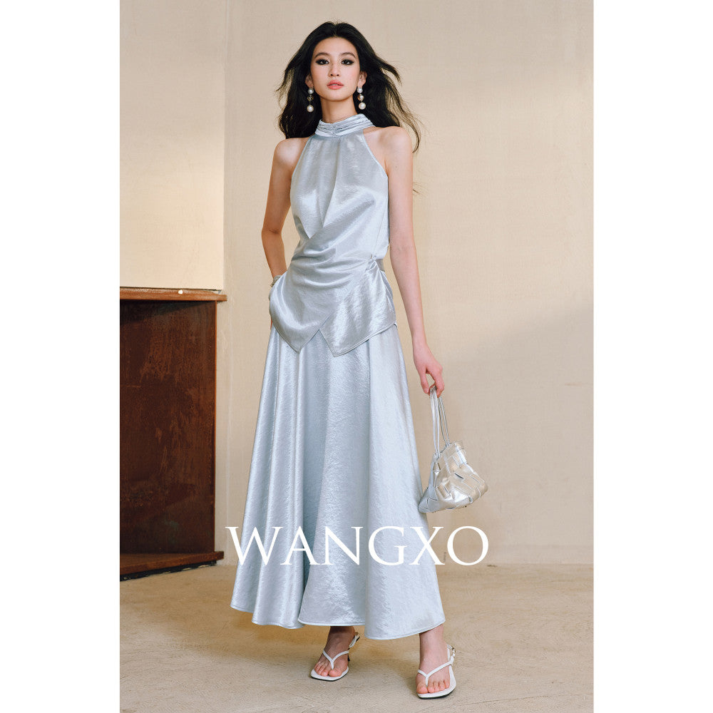 WANGXO Mao Linlin Same Style Pearl Shining Luxury Gilded Satin Hanging Neck and Waist Top Umbrella Skirt Set image 34